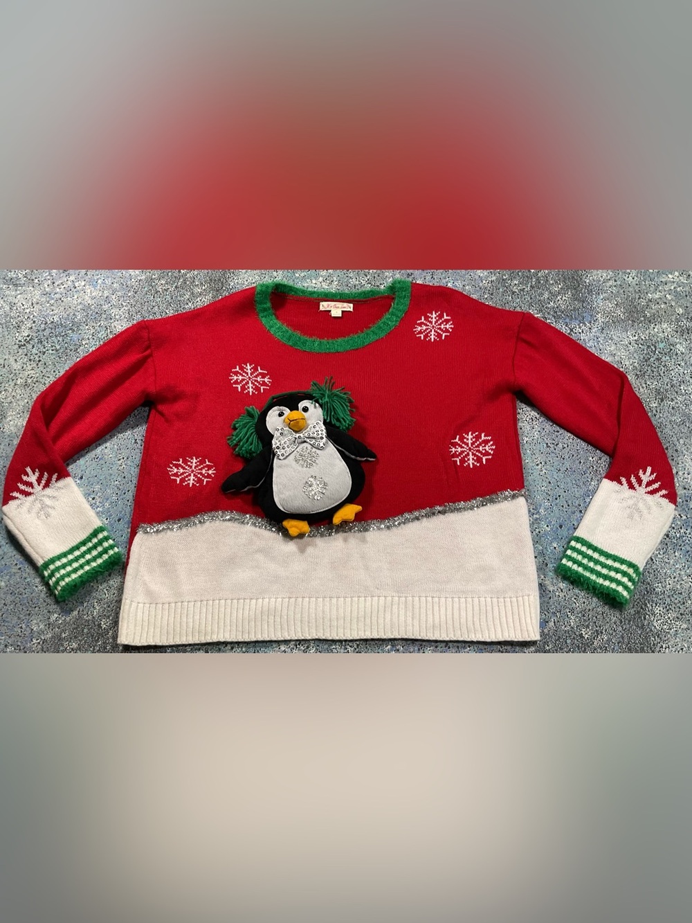 Ugly Christmas Sweater Juniors L 3D Penguin Snowflake Tinsel Red Green Holiday